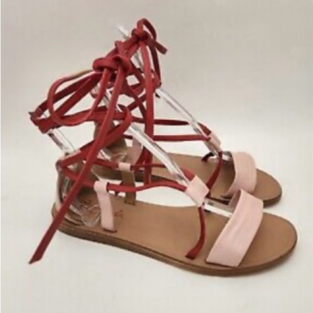 Anthropologie Liendo Pink Red Leather Sandals Strappy Flat Ankle Tie shoes